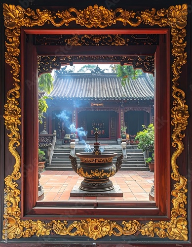 Asian temple with ornate frame and smoke.