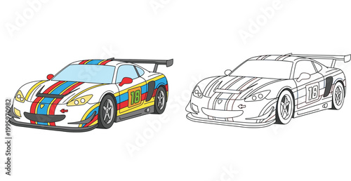 Sports racing car vector illustration with colorful design and black and white line art outline. Perfect for kids coloring book pages and automotive graphics.