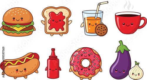 Cute Kawaii Food Characters Set with Burger Toast Juice Coffee Hotdog Donut and Vegetables Adorable Cartoon Flat Vector Illustration Collection