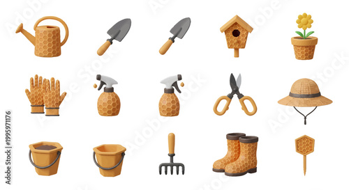 Gardening Tools Set with Honeycomb Pattern Vector Illustration