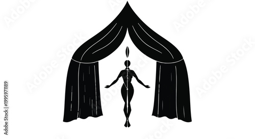 Elegant silhouette of a performer standing beneath a theatrical curtain, ready for the show.