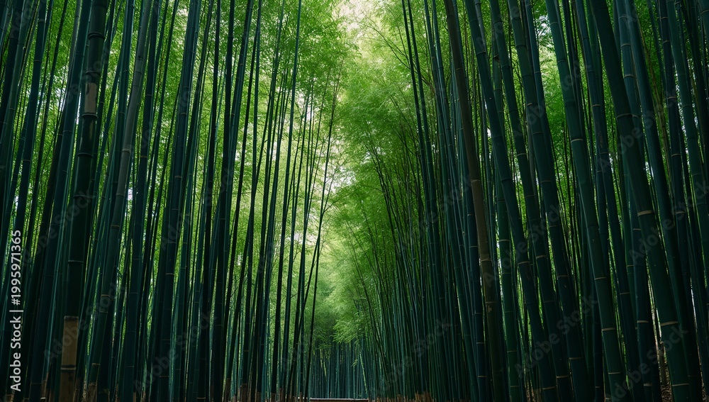 Fototapeta premium A dense bamboo forest with towering green stalks, creating a serene and natural pathway