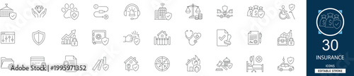 Insurance line icon set with 30 icons: insurance, policy, health, life, car, home, protection, claim. Clean linear vector, editable stroke for finance and safety web projects.