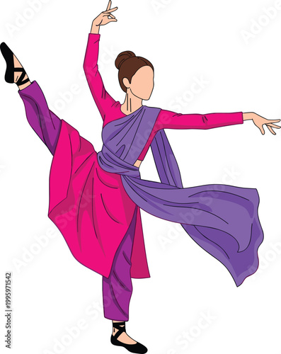 Woman Dancing in Traditional Dress with Flowing Scarf Graceful Performance Flat Vector Illustration