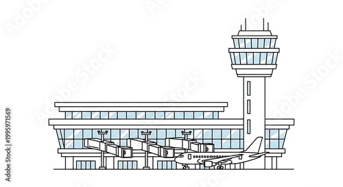 Airport Terminal Building with Control Tower and Airplane.