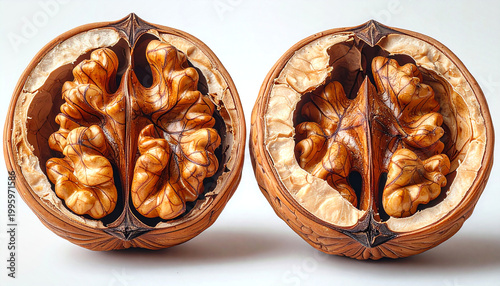 Close-up illustration of cracked walnut halves