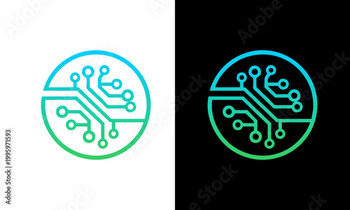 A futuristic circuit board logo glows with neon colors on a white and black background.