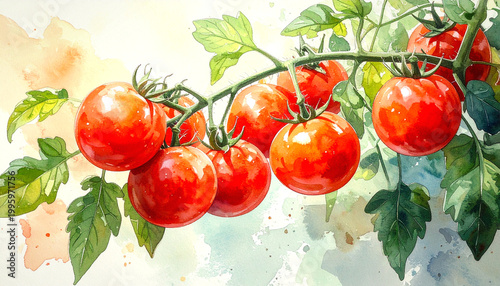 A watercolor illustration of ripe tomatoes on a vine