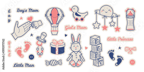 A large set of hand-drawn doodle-style scrapbooking stickers for a baby's birthday. Newborn boy and girl, Motherhood concept. Cute vector design
