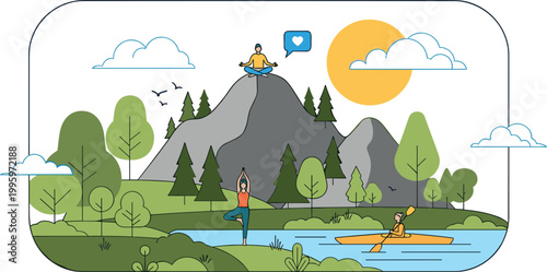 Outdoor wellness landscape illustration with people practicing yoga meditation and kayaking in nature promoting healthy lifestyle and mindfulness