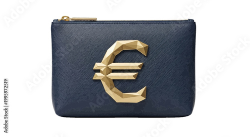 Minimal black silhouette icon, simple flat vector, bold black shape, no, no shading dark blue textured clutch bag with a gold geometric euro symbol emblem on a, flat icon style