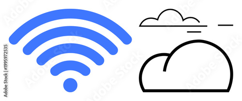 Wireless communication, cloud storage, internet services, digital access, technology integration, online platforms. A blue wireless signal and black cloud icons side-by-side. Wireless communication