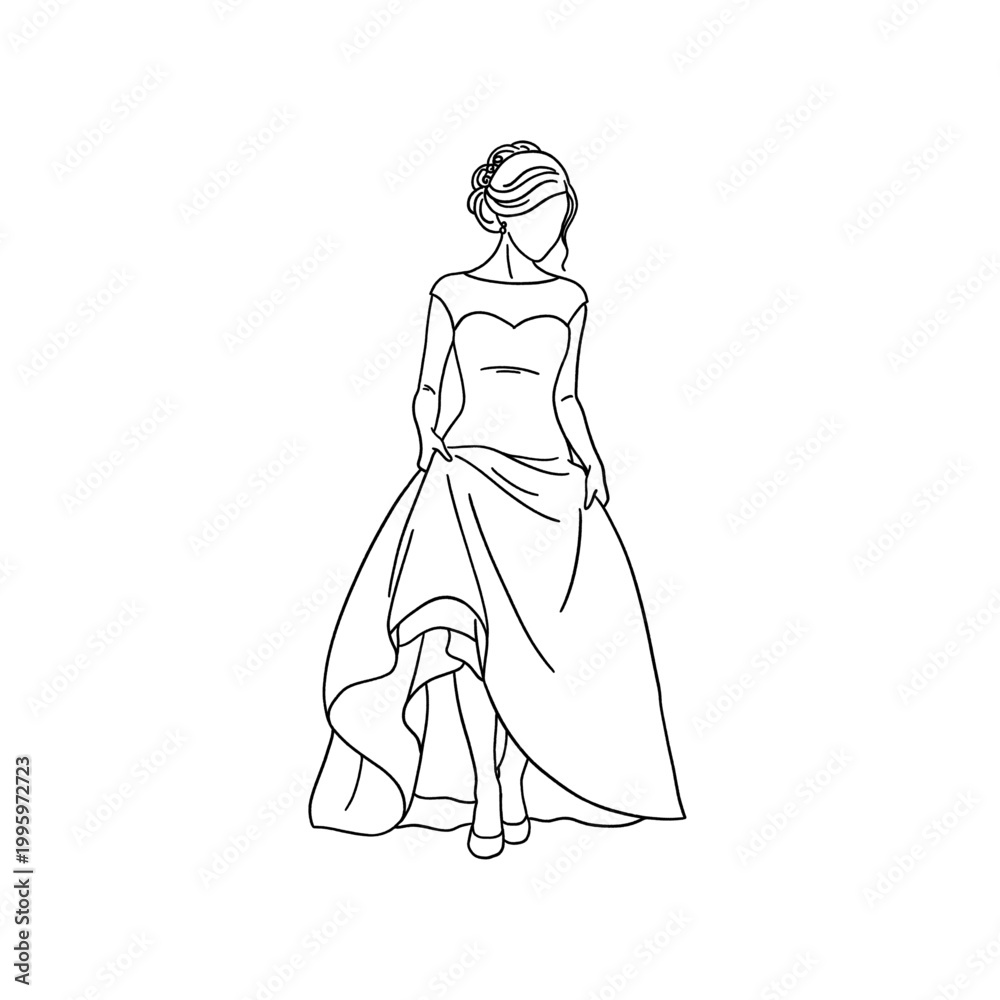 Fototapeta premium An elegant fashion model posing as a vintage bride in a long bridal gown illustrates timeless beauty and style for a lady seeking princess elegance in a wedding art design