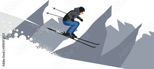 Skier Jumping on Mountain Slope Winter Sports Action Extreme Skiing Flat Vector Illustration