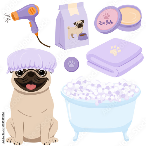 Pug dog in lavender shower cap with bubble bathtub paw balm and grooming accessories