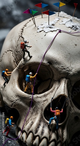 Miniature climbers scaling a weathered human skull with flags.