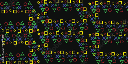 Background design with game console symbol pattern. Icons triangle, circle, cross and square. Game controller