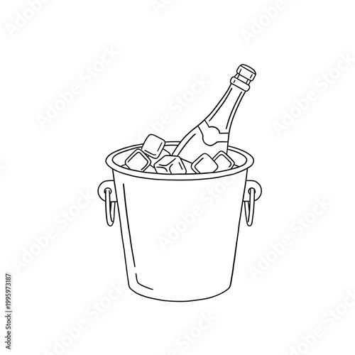 Black and White, Outline Hand drawn wedding and Bachelorette illustration fine line art style, champagne and ice bucket