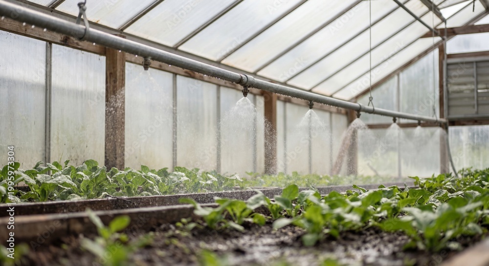 Fototapeta premium Greenhouse sprinklers watering leafy seedlings in raised beds