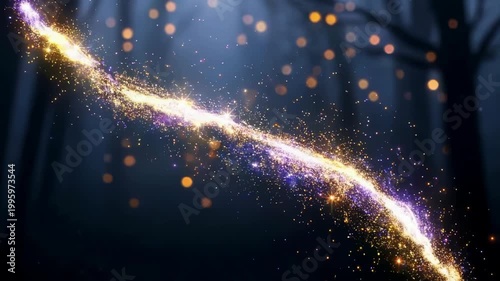 Sparkling magical energy stream flowing through a dark, bokeh background.