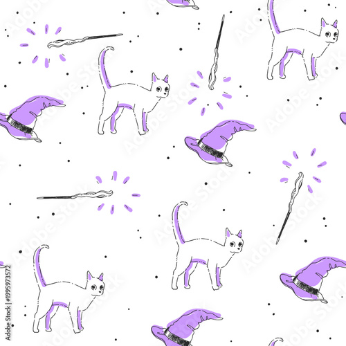 Seamless Pattern with Witch Hat and Cat Hand Drawn Line Art Vector Minimalist Magic Background with Lavender Spots and Ink Confetti