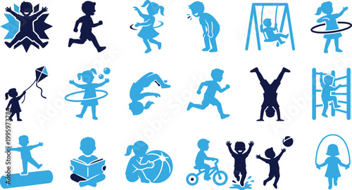 Energetic children engaged in various playful activities icons.