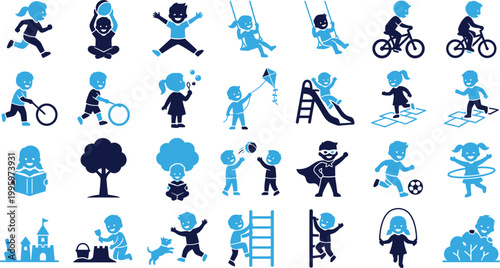 Active children playing outdoor sports and recreation icons.