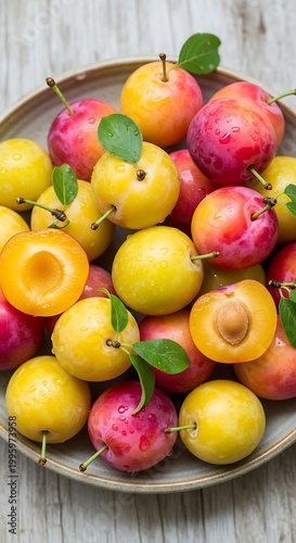 Fresh plums on a plate, a colorful and delicious fruit assortment.