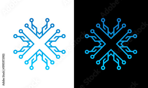 A futuristic snowflake design glows blue on white and black backgrounds with circuit board details.