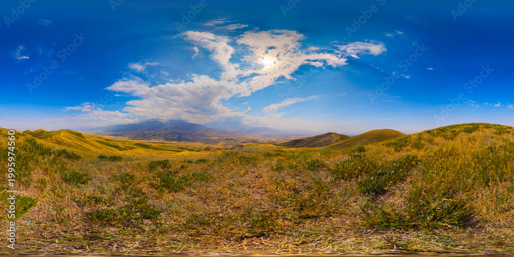Fototapeta premium Expansive panoramic 360 view of rolling grassy hills and mountains