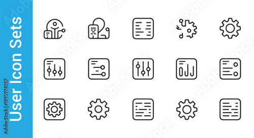 Set of UI configuration icons with gears and various interface elements for settings and control panel web design.
