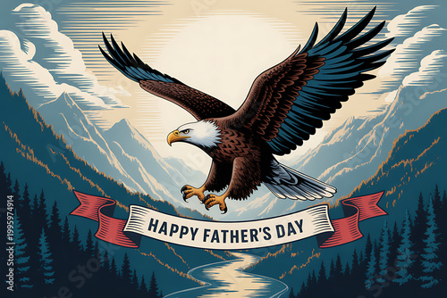 A bald eagle flying in front of a mountain range with a Happy Father's Day banner on transparent background