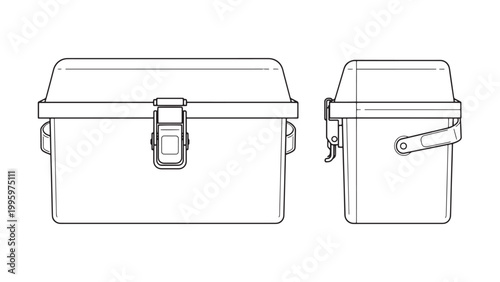 Detailed Line Art Illustration of a Portable Insulated Storage Box or Cooler with Latch and Handle, Front and Side Views.