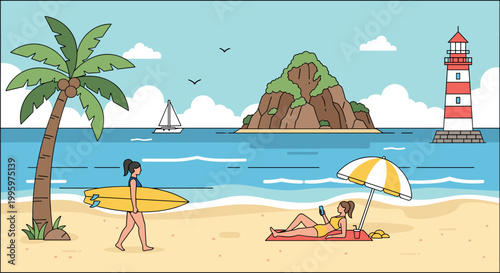 Summer beach vacation illustration with people relaxing surfing sunbathing palm trees lighthouse and ocean scenic travel concept