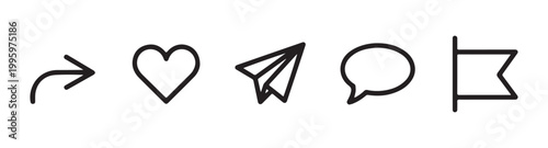 Social media interaction icons with heart message bubble paper plane and flag symbols for communication apps.