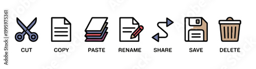 Computer file management icons representing cut copy paste rename share save and delete tools for user interface.