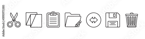 Linear outline icons of digital file management tools featuring scissors folder clipboard and data storage set.