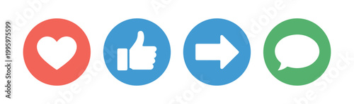 Social media reaction icons set with heart like share and comment symbols in colorful circles for interface.