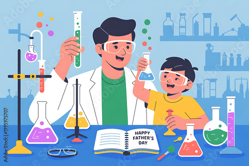 A father and son in lab coats and goggles having fun with colorful chemicals on transparent background