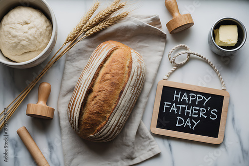 A loaf of bread and baking tools on a marble countertop with a Happy Father's Day sign on transparent background