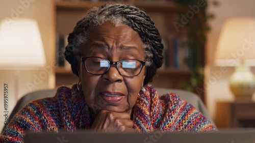 A senior African American woman with glasses looks intently at a screen at home, displaying a concerned or focused expression while engaging with technology.
