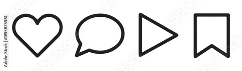 Social media icons heart speech bubble play button and bookmark outline transparent background design elements.