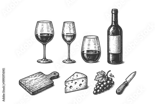 Elegant wine tasting and appetizer set including various glasses, wine bottle, cheese, and grapes for restaurant menu and bar advertising designs.