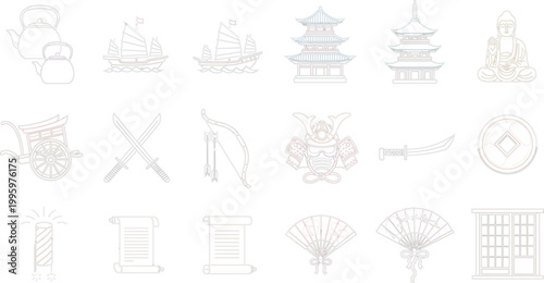 Japanese Traditional Culture Icon Set with Pagoda, Samurai, Buddha, Katana, Fan, and Asian Heritage Symbols for Cultural Designs