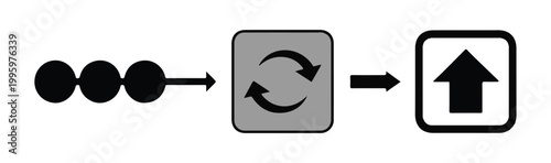 Sequential progress icons molecular structure transformation growth arrow and refresh symbols abstract vector illustration.