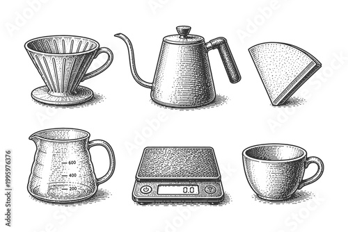 Manual Brew Coffee Tools Vector Illustration Set Featuring Pour Over Dripper Kettle and Scale Hand Drawn in Vintage Woodcut Engraving Style for Barista