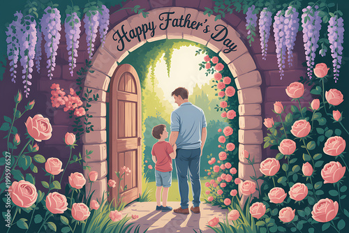 A heartwarming illustration of a father and son standing together in a beautiful garden on transparent background