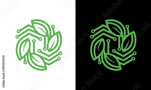 Green circuit board logo with leaves on white and black backgrounds