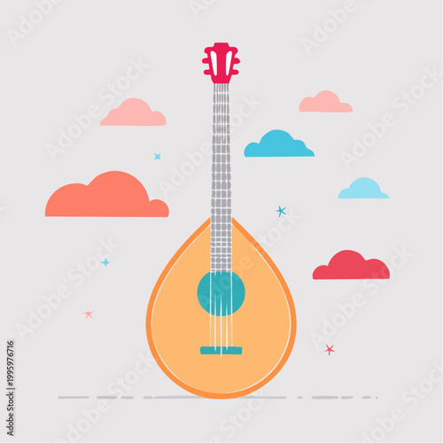Flat illustration of a lute or mandolin with clouds