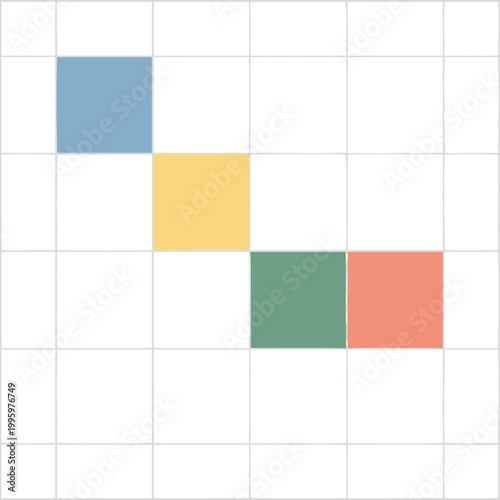 Colorful squares on grid background.